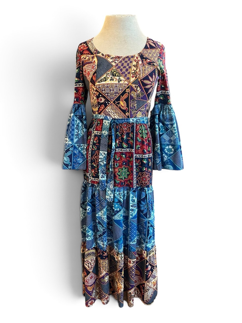 Vintage 60s Prairie Mod Vibrant Patchwork Boho Maxi Dress - Blue Multi XS